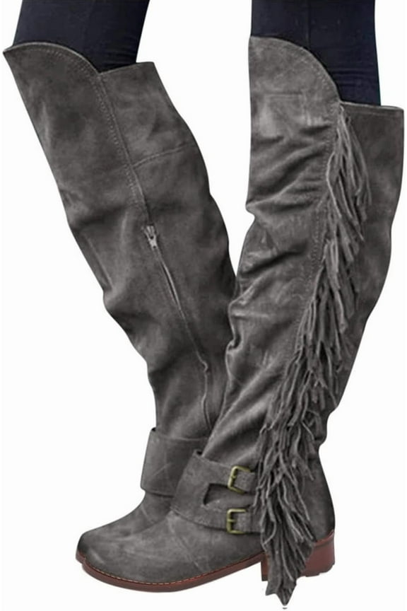 Women's Women's Winter Warm Fringe Knee High Boots Casual Over The Knee Retro Chunky Heel Zipper Long Boots Square Heels Shoes