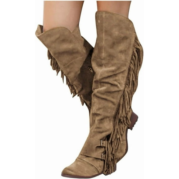 Women's Women's Winter Warm Fringe Knee High Boots Casual Over The Knee Retro Chunky Heel Zipper Long Boots Square Heels Shoes