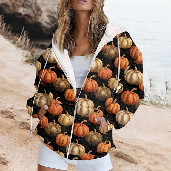 Women's Women's Zip Up Hoodie with Halloween Print Loose Long Sleeve Lightweight Casual Sweatshirt Outerwear with Pockets for Fall Winter Everyday Wear and Weekend Lounging Saffron_#3971