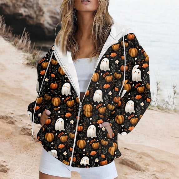Women's Women's Zip Up Hoodie with Halloween Print Loose Long Sleeve Lightweight Casual Sweatshirt Outerwear with Pockets for Fall Winter Everyday Wear and Weekend Lounging Army Green_#3793