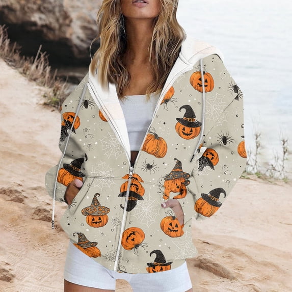 Women's Women's Zip Up Hoodie with Halloween Print Loose Long Sleeve Lightweight Casual Sweatshirt Outerwear with Pockets for Fall Winter Everyday Wear and Weekend Lounging Beige_#3944