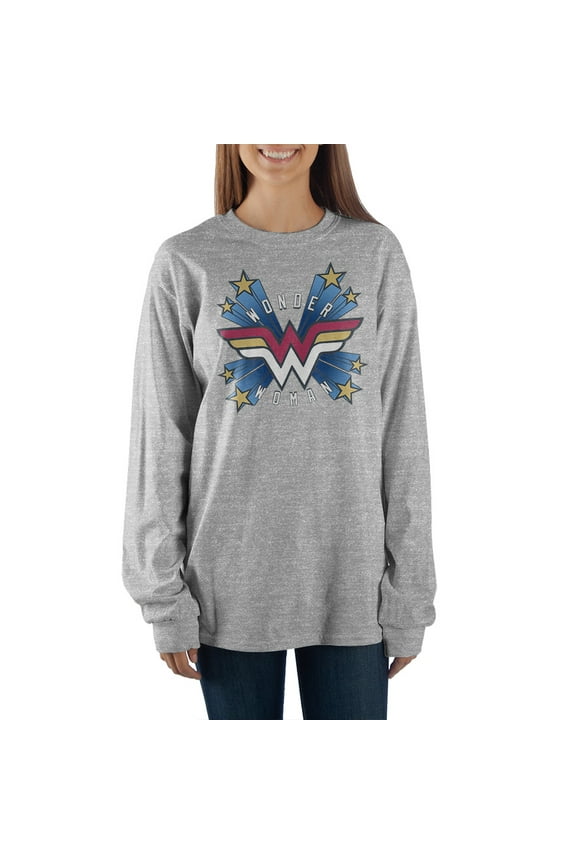 Women's Wonder Woman Comic Book Superhero Grey Long Sleeve Shirt- Large