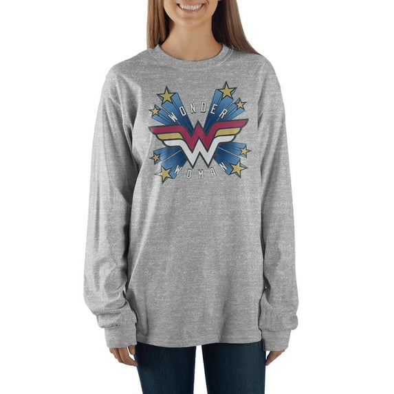 Women's Wonder Woman Comic Book Superhero Grey Long Sleeve Shirt- Small