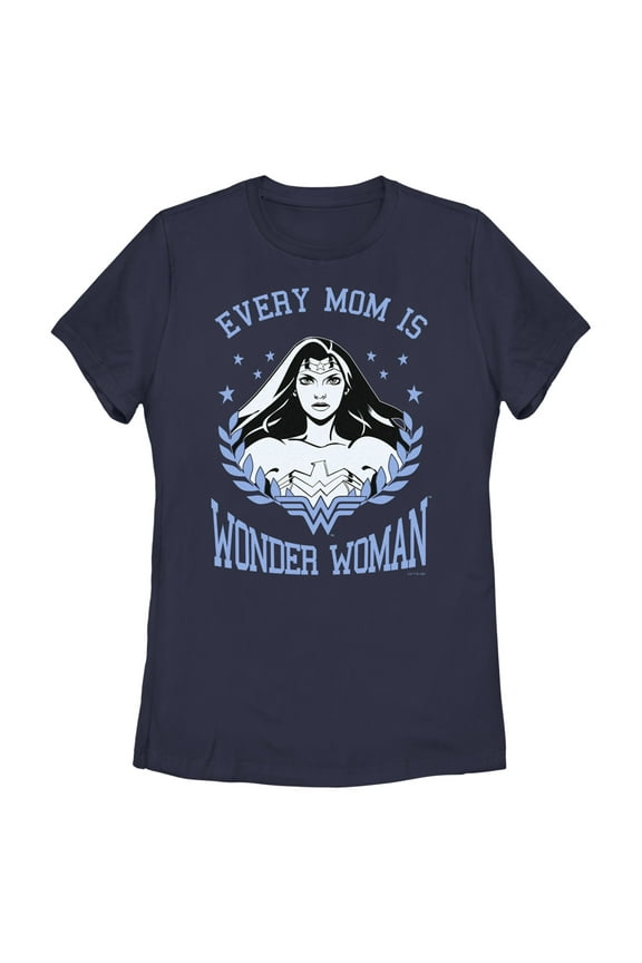 Women's Wonder Woman Every Mom Is Wonder Woman Black and White Graphic Tee Navy Blue Medium