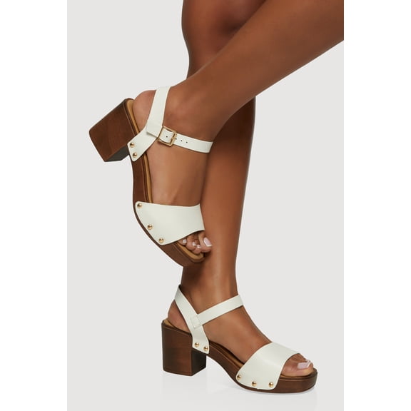 Women's Wooden Block Heel Studded Buckle Strap Sandals