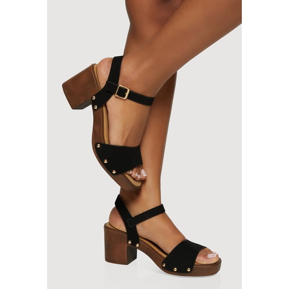 Women's Wooden Block Heel Studded Buckle Strap Sandals