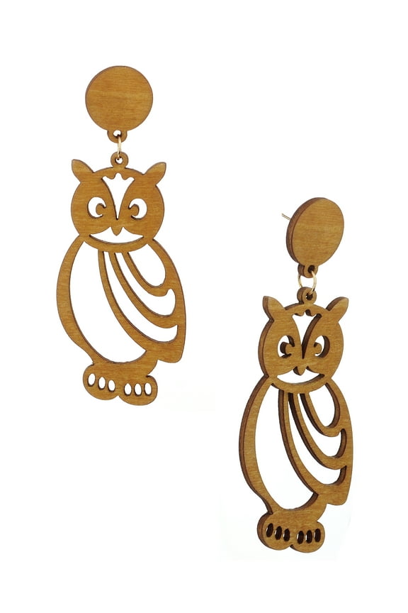 Women's Wooden Owl Cut Out Pierced Dangle Earrings, Light Brown