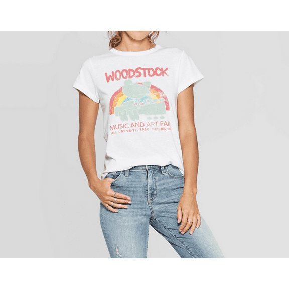 Women's Woodstock Music & Art Fair Short Sleeve Graphic T-Shirt (Juniors')- (White, X-Small)