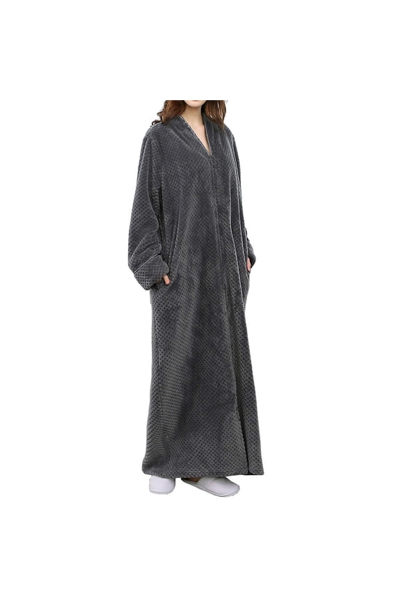 Women's Wool Bathrobe - Winter Warm Morning Gown, Dark Gray, XL