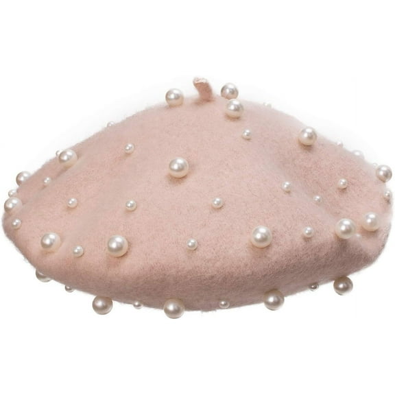 Women's Wool Berets Sweet French Pearl Beaded Beret Cap Winter Hat Knitted Beanie Hat for Girls