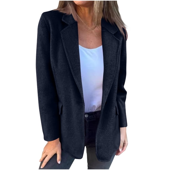 Women's Wool Blazer Jacket Lapel Business Coats with Pockets Casual Long Sleeve Solid Color Work Office Outerwear (Black 5XL)