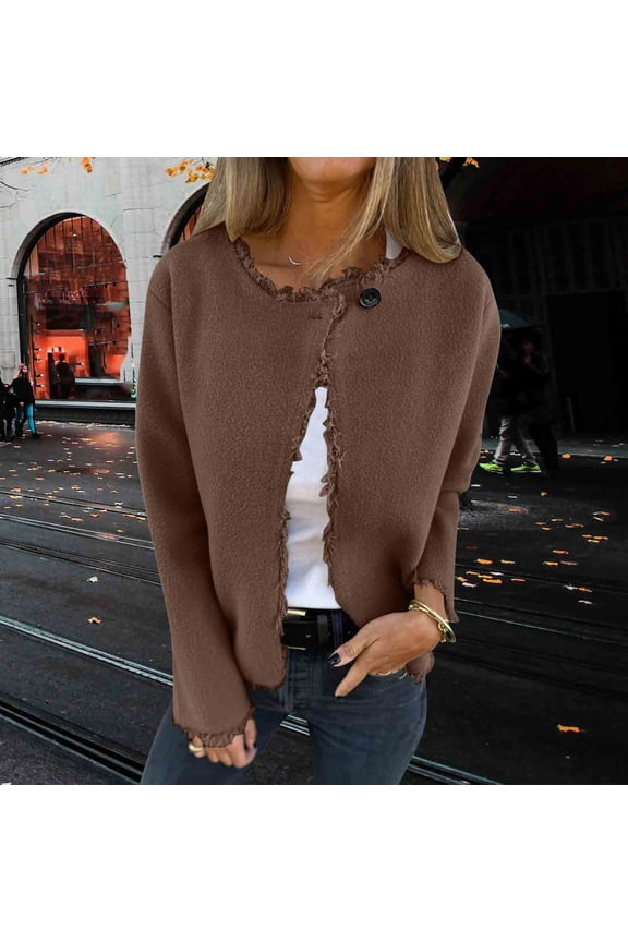 Women's Wool Blazer, Long Sleeve Round Neck Button Front Woven Jacket, Solid Color Coat for Casual and Office Wear, Spring Winter Season