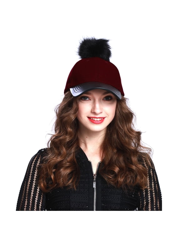 Women's Wool Blend Baseball Cap with Faux Fur Pompom