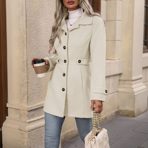 Women's Wool Blend Button Front Coat, Belted Mid-Length Overcoat, Elegant Lapel Collar Woolen Jacket Outerwear for Fall Winter 01-Beige XL