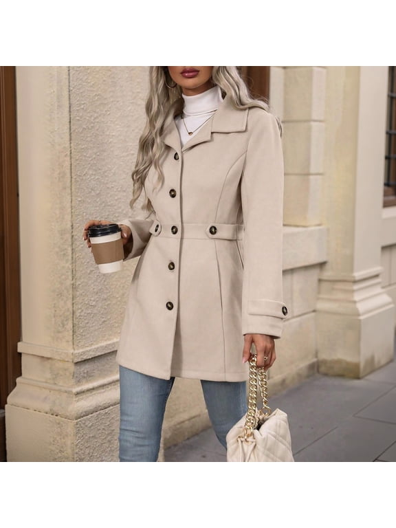 Women's Wool Blend Button Front Coat, Belted Mid-Length Overcoat, Elegant Lapel Collar Woolen Jacket Outerwear for Fall Winter 03-Complexion XL