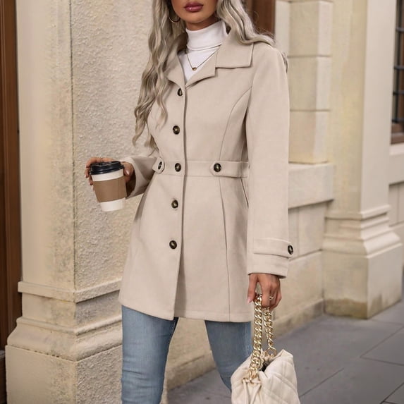 Women's Wool Blend Button Front Coat, Belted Mid-Length Overcoat, Elegant Lapel Collar Woolen Jacket Outerwear for Fall Winter 03-Complexion XXL