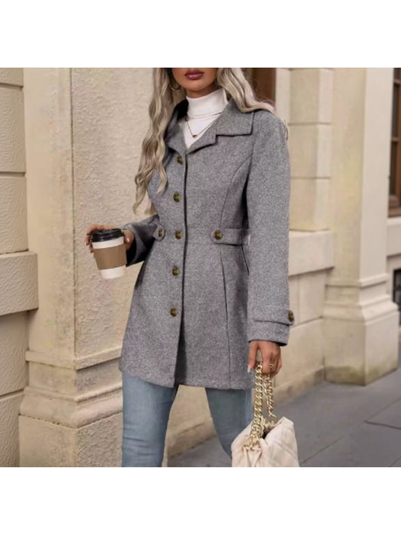 Women's Wool Blend Button Front Coat, Belted Mid-Length Overcoat, Elegant Lapel Collar Woolen Jacket Outerwear for Fall Winter 04-Gray M