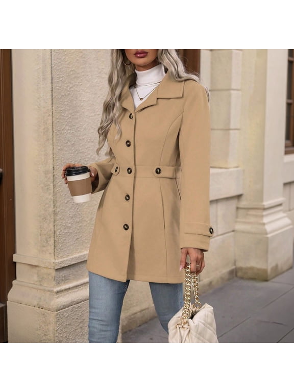 Women's Wool Blend Button Front Coat, Belted Mid-Length Overcoat, Elegant Lapel Collar Woolen Jacket Outerwear for Fall Winter 05-Khaki XL