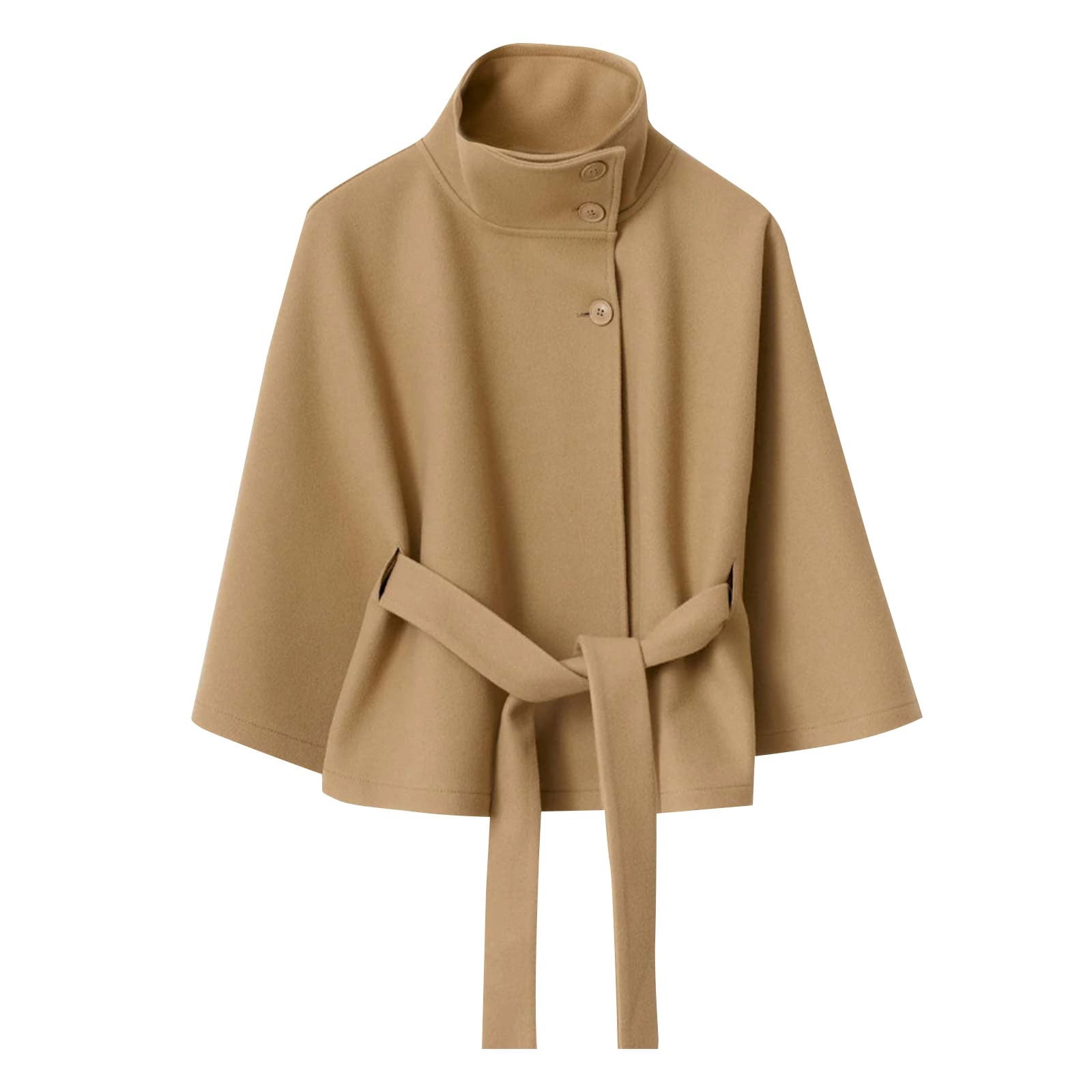 ジャケット・アウター OVERCOAT Cape Shoulder Overcoat - Beige Women's Wool Blend Cape Coats Elegant Long Sleeve Stand Collar