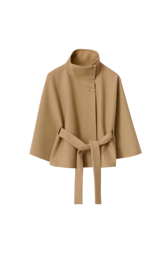 Women's Wool Blend Cape Coats Elegant Long Sleeve Stand Collar Button Belt Trench Coat Poncho Jacket with Belt (XL, Beige)