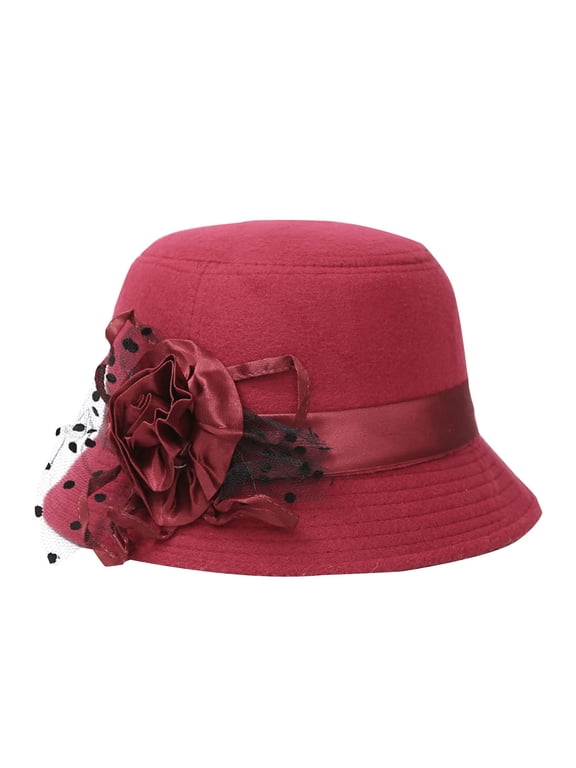 Women's Wool Blend Cloche Hat with Mesh Floral Decoration, Wide Brim Retro British Style Bowler Hat for Autumn Winter Casual Fashion and Special Occasions Brick Red