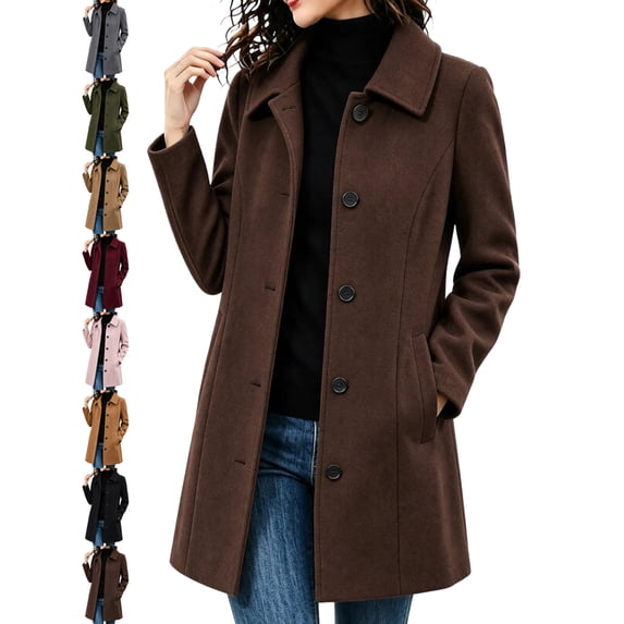 Women's Wool Blend Coat Lapel Collar Long Sleeve Single Breasted Mid Length Winter Coat