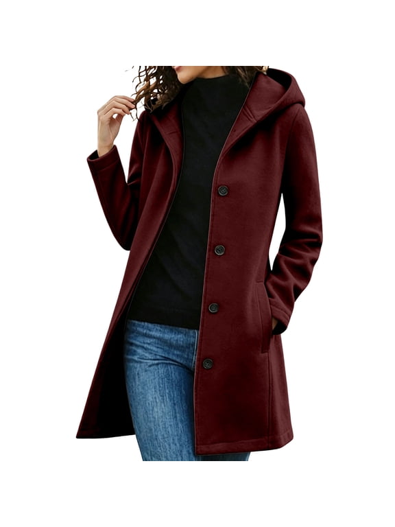 Women's Wool Blend Coat Mid-Length Lapel Button Down Trench Coat with Hood Pocketed Woolen Hooded Overcoat for Fall Winter Daily Wear(Wine,XXL)