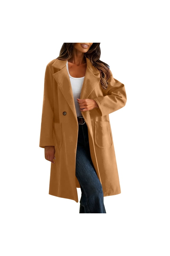 Women's Wool Blend Coat Single Breasted Notched Lapel Peacoat Mid Long Jacket Winter Warm One Button Overcoat with Pocket