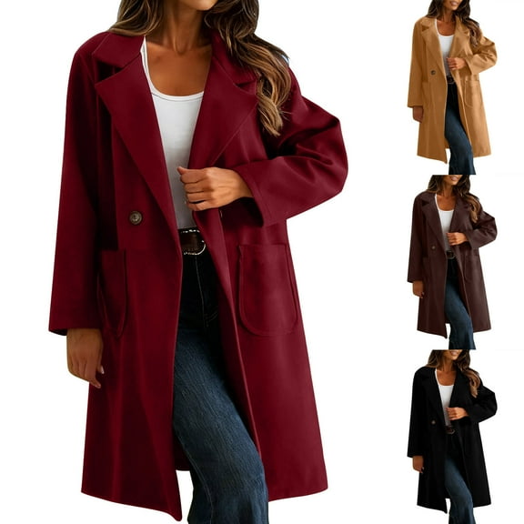 Women's Wool Blend Coat Single Breasted Notched Lapel Peacoat Mid Long Jacket Winter Warm One Button Overcoat with Pocket