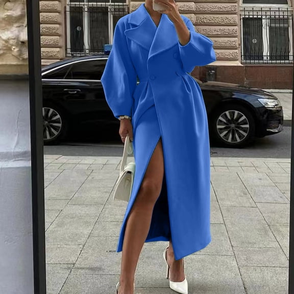 Women's Wool Blend Court Style Overcoat, Lantern Sleeve Long Coat with Large Lapel Design, Elegant Formal Woolen Coat for Women, Vintage Inspired Trench Coat, Winter Autumn Dressy Outerwear Blue XXL