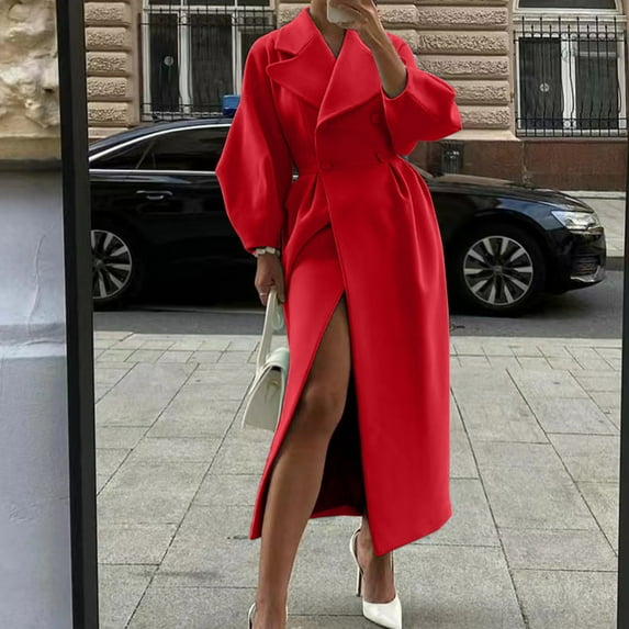 Women's Wool Blend Court Style Overcoat, Lantern Sleeve Long Coat with Large Lapel Design, Elegant Formal Woolen Coat for Women, Vintage Inspired Trench Coat, Winter Autumn Dressy Outerwear Red XXL