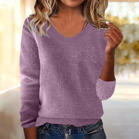 Women's Wool Blend Crewneck Sweater, Soft Knit Pullover Top, Classic Long Sleeve Cable Knit, Comfortable Casual Blouse, Warm Winter Cable Stitch Pullover Purple XXL