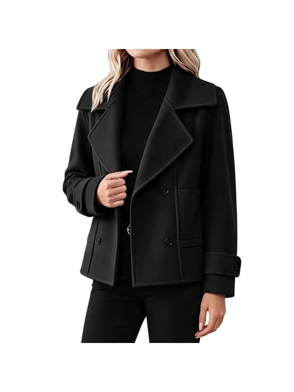Women's Wool Blend Cropped Peacoat Jacket Notched Lapel Double Breasted Cuff Detail Cozy Dressy Casual Elegant office Work Blazer Fall Winter Black