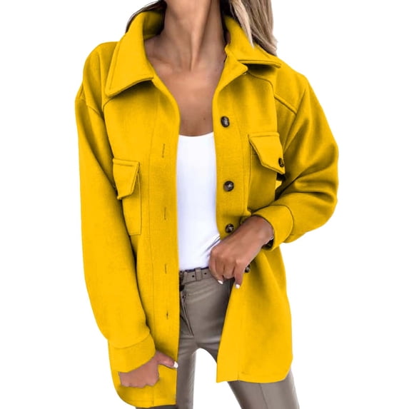 Women's Wool Blend Jacket, Thickened Lapel Collar Single Breasted Longline Coat with Belt, Oversized Fit for Fall Winter Warmth and Casual Street Style-Yellow
