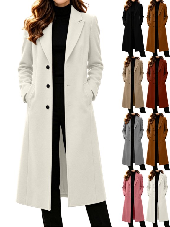 Women's Wool Blend Lapel Long Sleeve Pea Coats Single Breasted Longline Casual Work Everyday Commute Fall Winter Woolen Long Coats