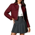 thumbnail image 1 of Women's Wool Blend Lapel Zip Up Crop Jacket - Long Sleeve Solid Color Outerwear with Pockets, 1 of 3