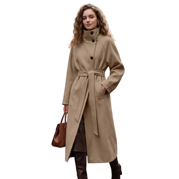 Women's Wool Blend Long Pea Coats Oversized Stand Collar Winter Overcoat with Belt