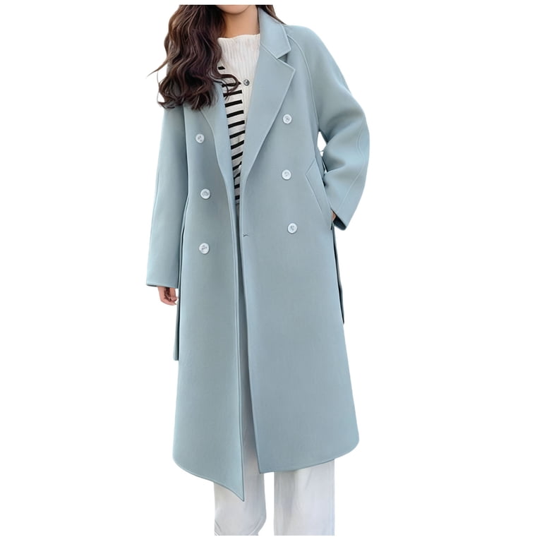 ladies dress winter coats Jewelreauty Women's Wool Blend Long Trench Coat Double Breasted Notched Collar Jacket Casual Overcoat Peacoat (L, Light Blue), Size gift_guide_dress