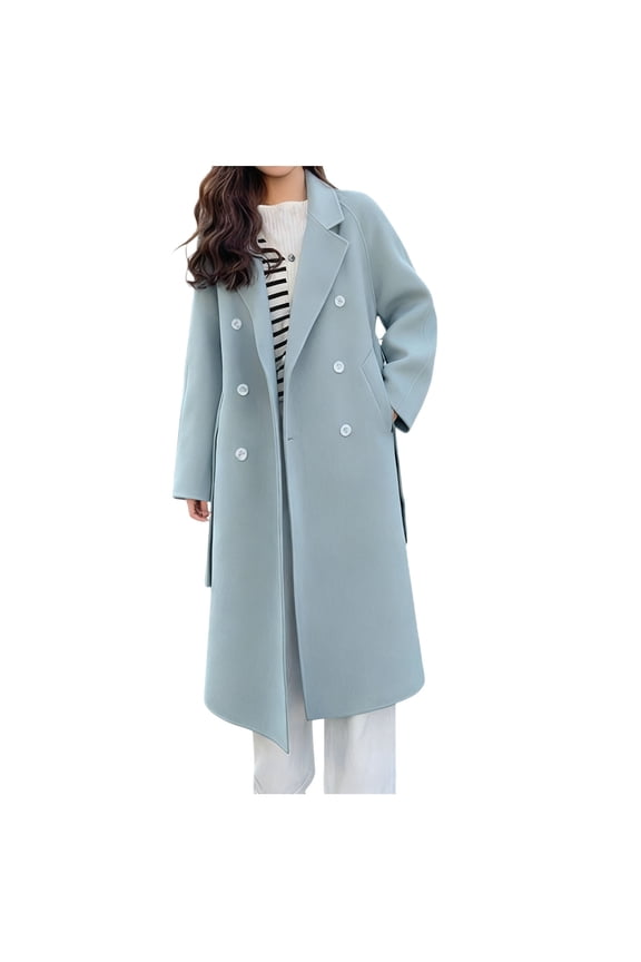 Women's Wool Blend Long Trench Coat Double Breasted Notched Collar Winter Jacket Casual Overcoat Dress Peacoat (XL, Light Blue)