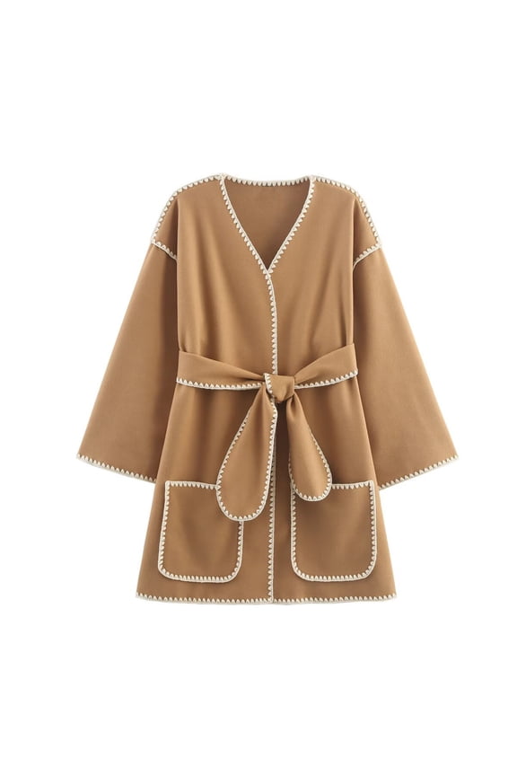 Women's Wool Blend Midi Trench Coat with Bow Tie Belt Drop Shoulder Oversized Fit and Pockets Architectural Silhouette Open Front Cardigan