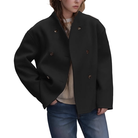 Women's Wool Blend Notch Lapel Coat, Double Breasted Trench Style Overcoat, Long Length Fall Winter Jacket, Classic Business Casual Outerwear, Timeless Elegant Topcoat Black S
