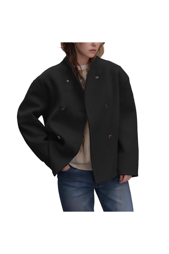 Women's Wool Blend Notch Lapel Coat, Double Breasted Trench Style Overcoat, Long Length Fall Winter Jacket, Classic Business Casual Outerwear, Timeless Elegant Topcoat Black M