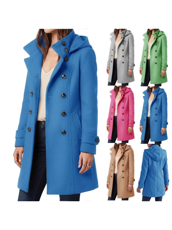 Women's Wool Blend Overcoat Hooded Double Breasted Long Sleeve Mid Length Lapel Collar Jacket Dressy Elegant Fall Winter Outerwear with Pockets Khaki