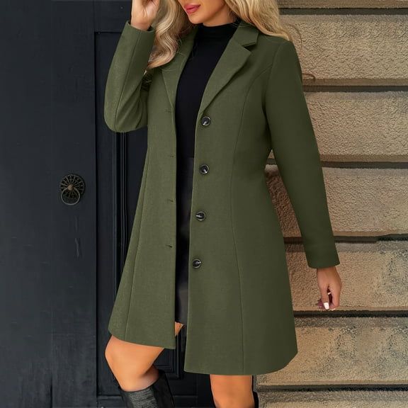 Women's Wool Blend Pea Coat Notched Collar Single Breasted Overcoat Warm Winter Trench Coat Army Green L