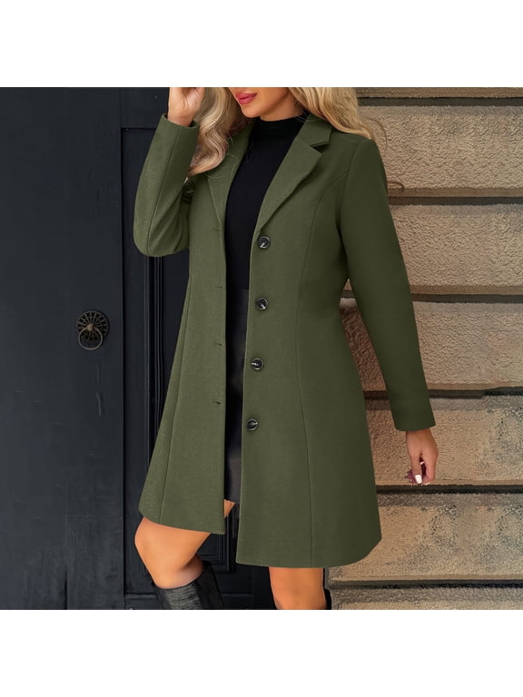 Women's Wool Blend Pea Coat Notched Collar Single Breasted Overcoat Warm Winter Trench Coat Army Green S