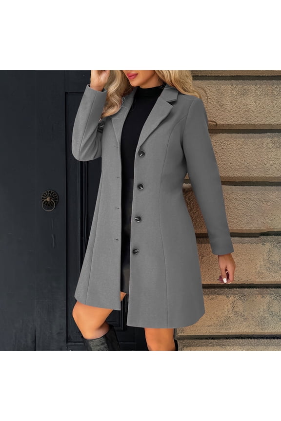 Women's Wool Blend Pea Coat Notched Collar Single Breasted Overcoat Warm Winter Trench Coat Dark Gray S
