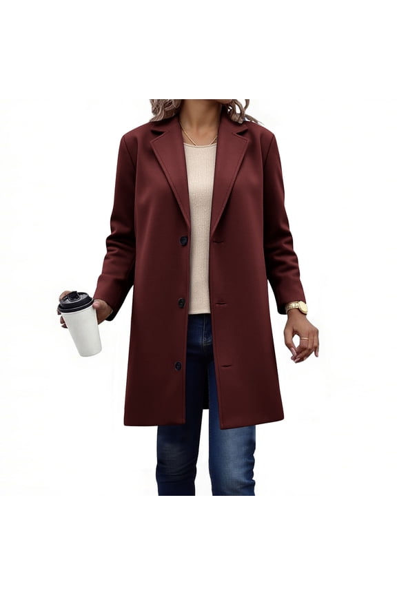 Women's Wool Blend Pea Coat Notched Collar Single Breasted Overcoat Warm Winter Trench Coat Wine XXXL