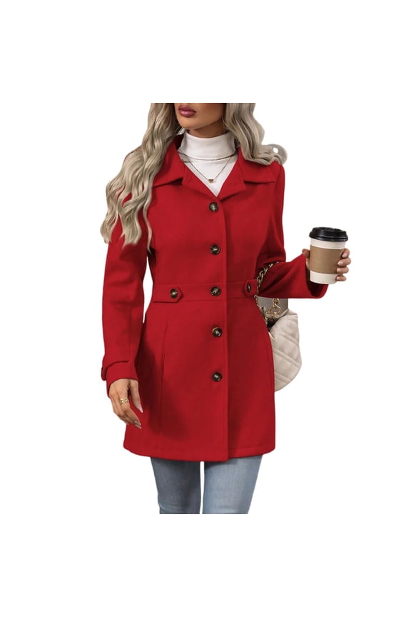Women's Wool Blend Pea Coat Notched Lapel Single-Breasted Winter for Fall Casual