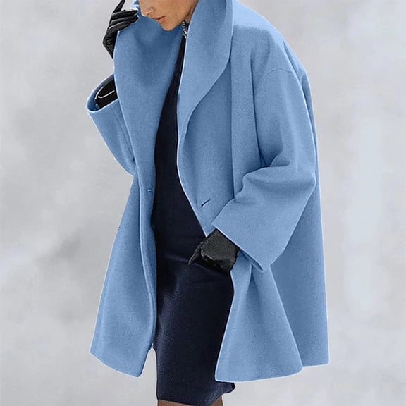 Women's Wool Blend Pea Coat Single Breasted Trench Coats Spring Fall Casual Lightweight Jackets Overcoat Sky Blue M