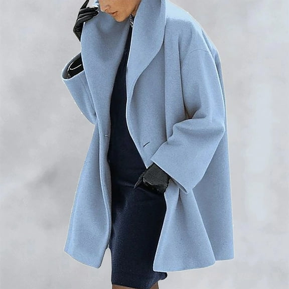 Women's Wool Blend Pea Coat Single Breasted Trench Coats Spring Fall Casual Lightweight Jackets Overcoat Sky Blue M